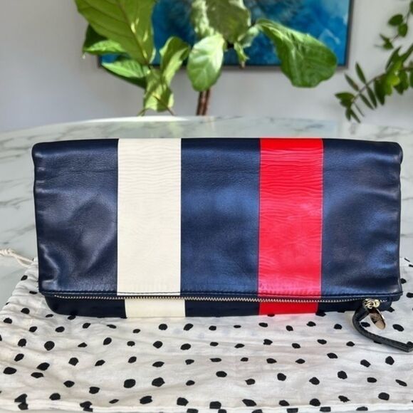 Clare V Handbags - CLARE V. Super Flat Clutch Navy Red Cream Striped Leather Foldover Bag